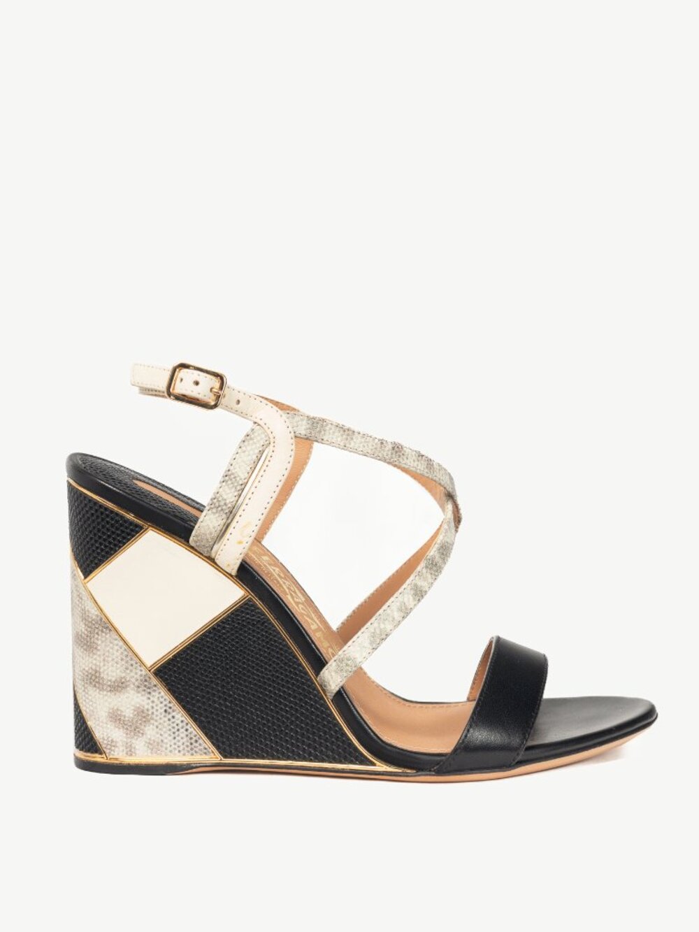 Salvatore Ferragamo Gris Nero Snake-Embossed Patchwork Wedge Sandals